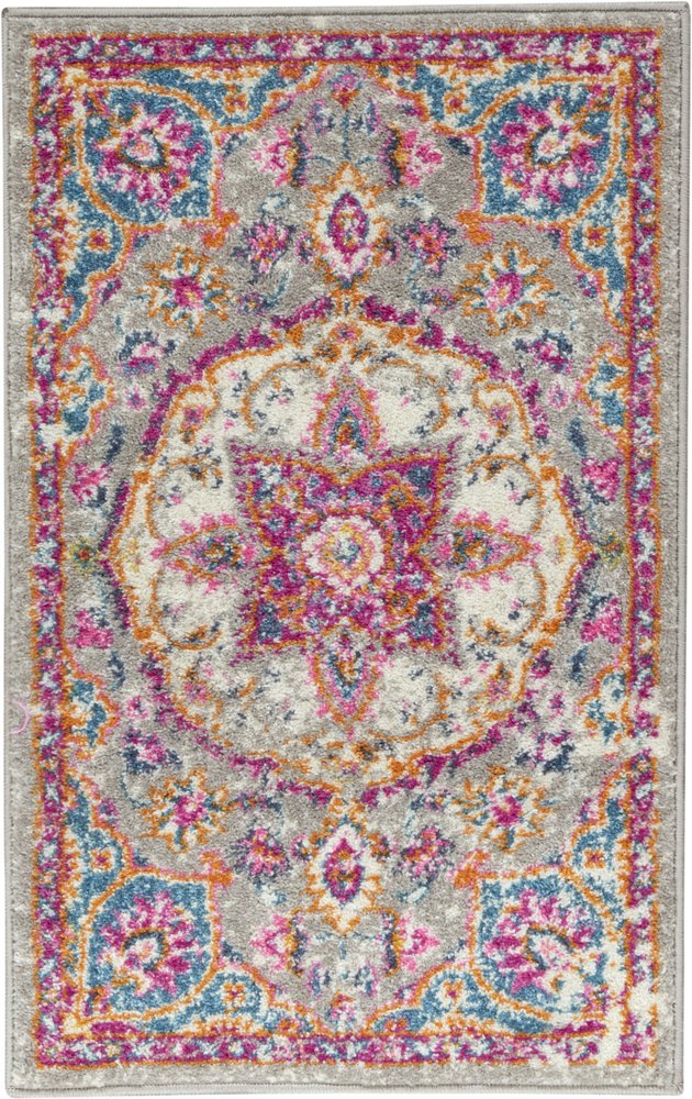 8' Gray And Ivory Medallion Runner Rug