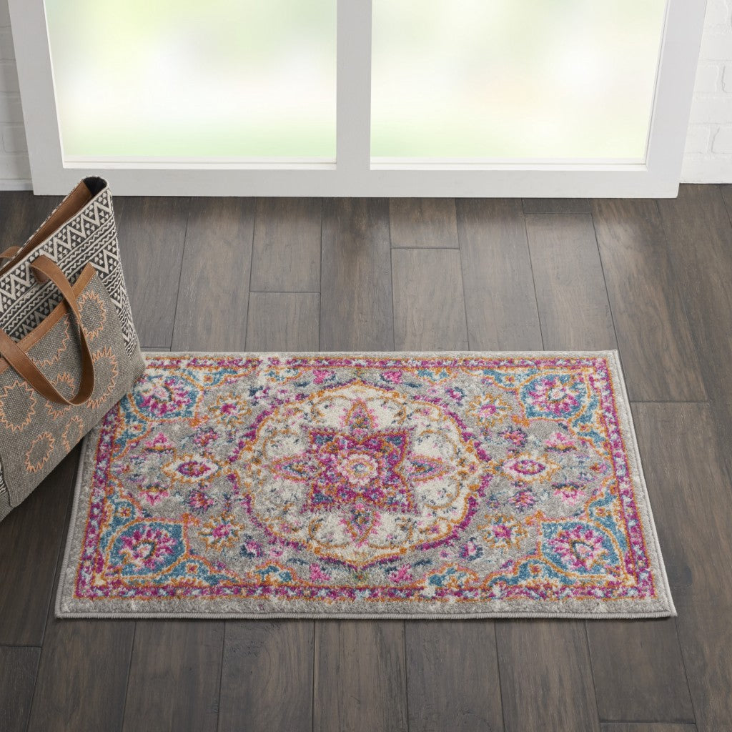 8' Pink And Gray Round Power Loom Area Rug