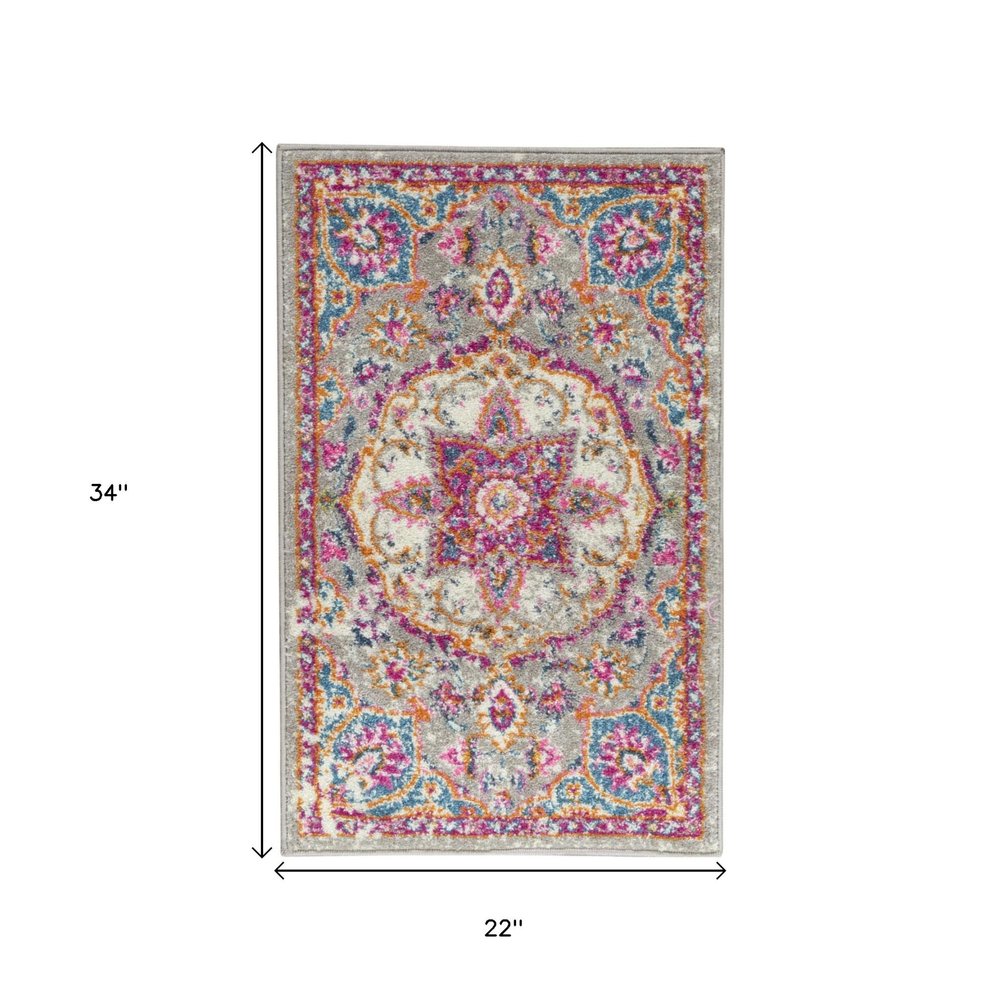 6' Gray And Ivory Medallion Runner Rug