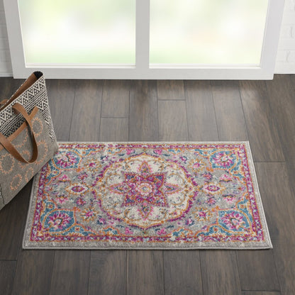 8' Gray And Ivory Medallion Runner Rug