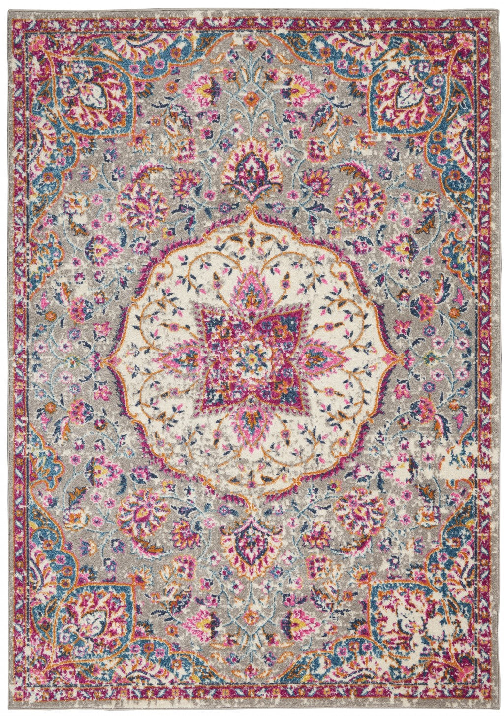 8' Pink And Gray Round Power Loom Area Rug