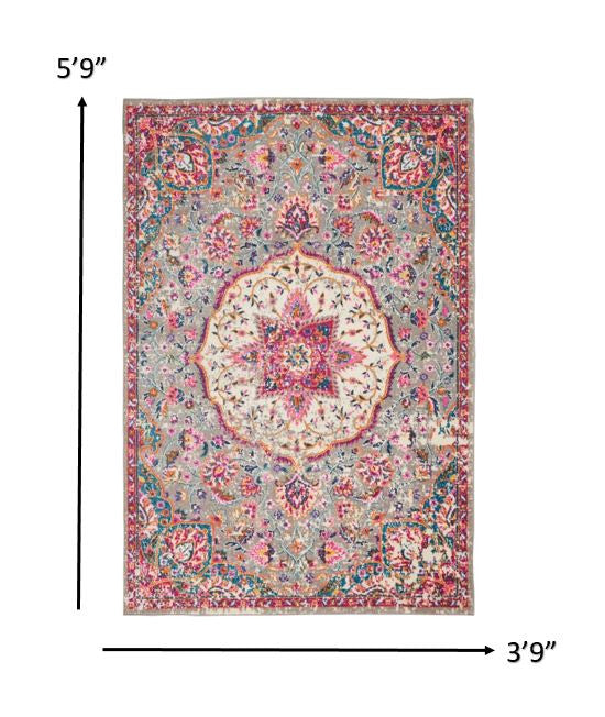 8' Pink And Gray Round Power Loom Area Rug