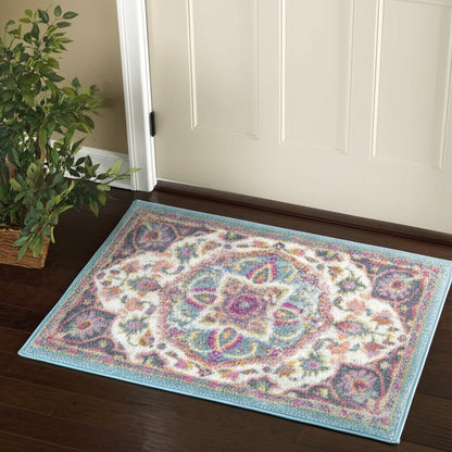 5' Ivory And Blue Medallion Round Rug