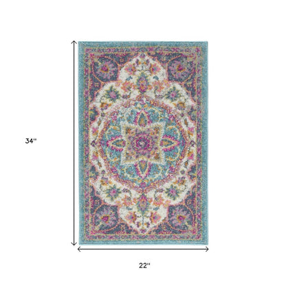 5' Ivory And Blue Medallion Round Rug