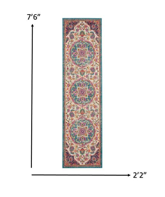 8' Pink And Green Dhurrie Runner Rug