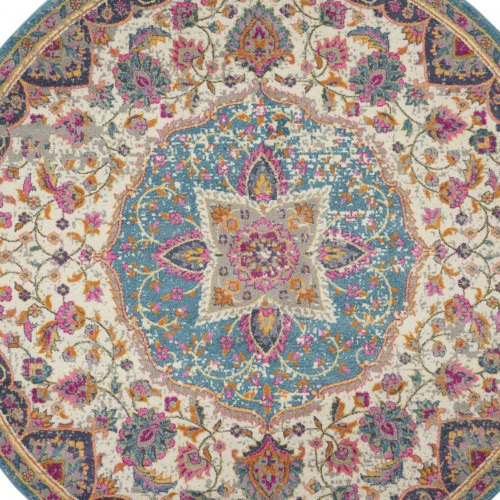 8' Pink And Green Round Dhurrie Area Rug