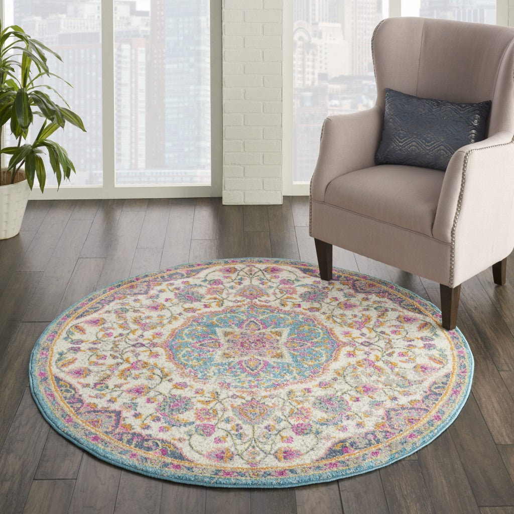 8' Pink And Green Round Dhurrie Area Rug