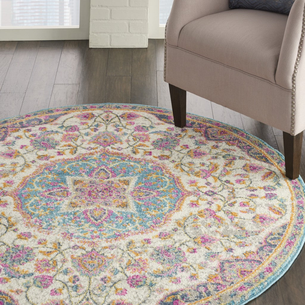 8' Pink And Green Round Dhurrie Area Rug