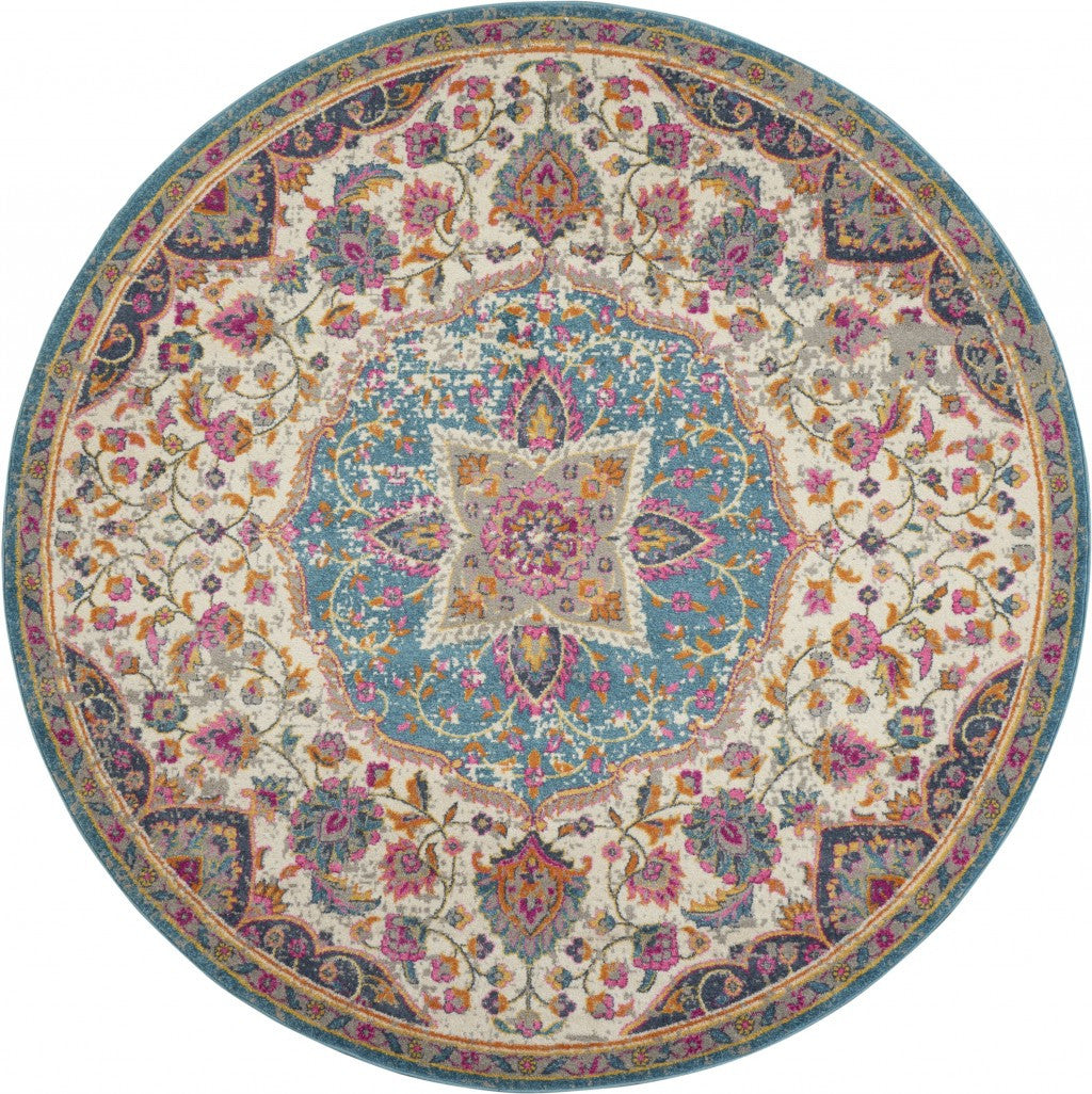 8' Pink And Green Round Dhurrie Area Rug