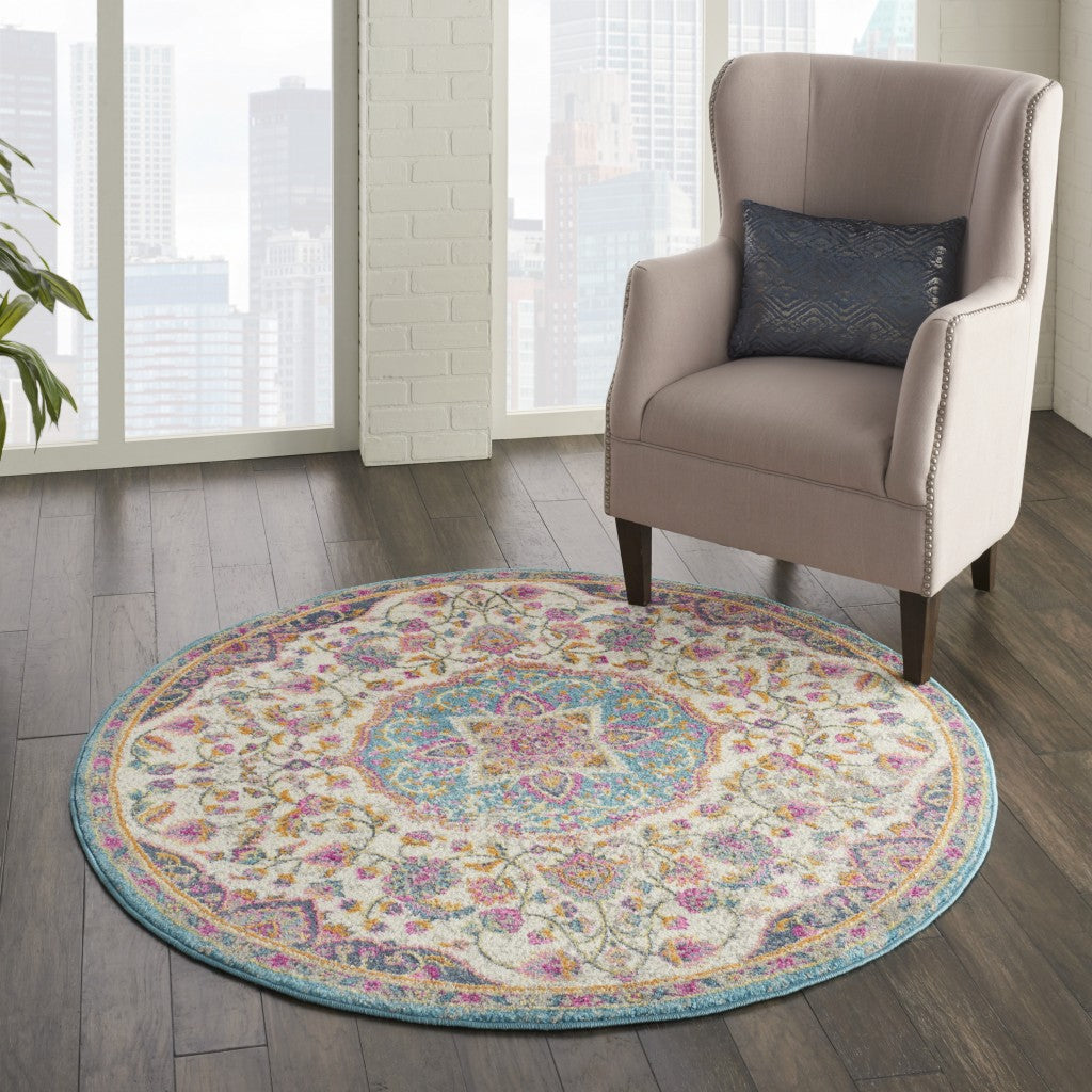 8' Pink And Green Round Dhurrie Area Rug