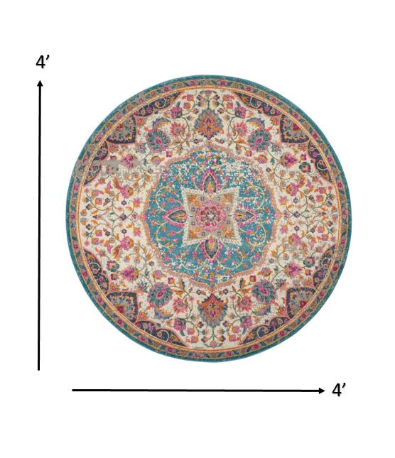 8' Pink And Green Round Dhurrie Area Rug