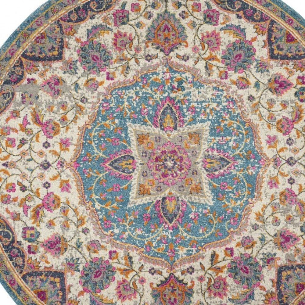 8' Pink And Green Round Dhurrie Area Rug