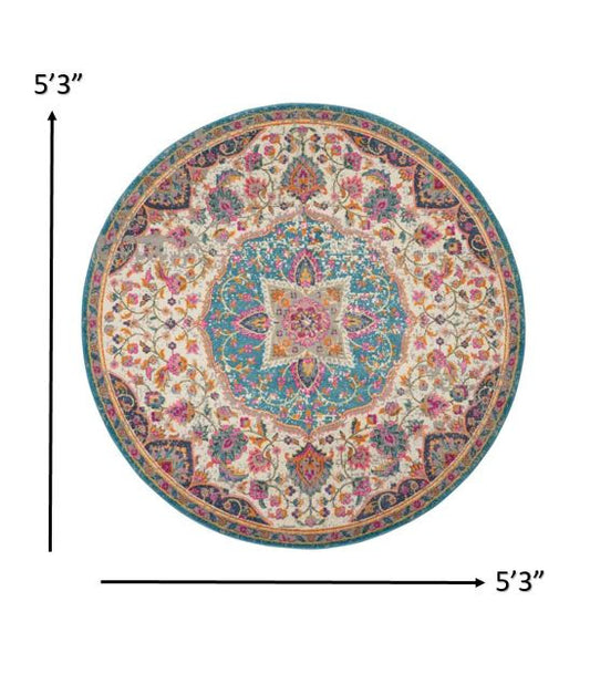 8' Pink And Green Round Dhurrie Area Rug