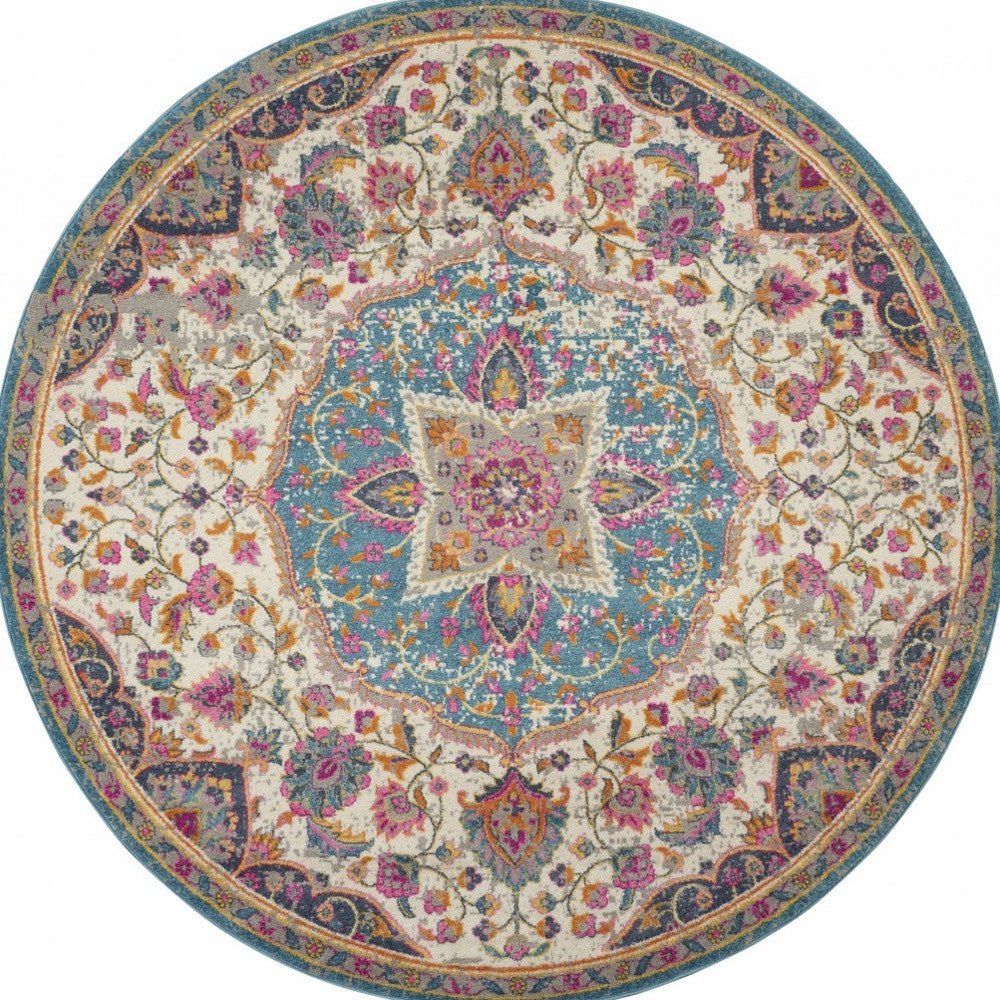 8' Pink And Green Round Dhurrie Area Rug