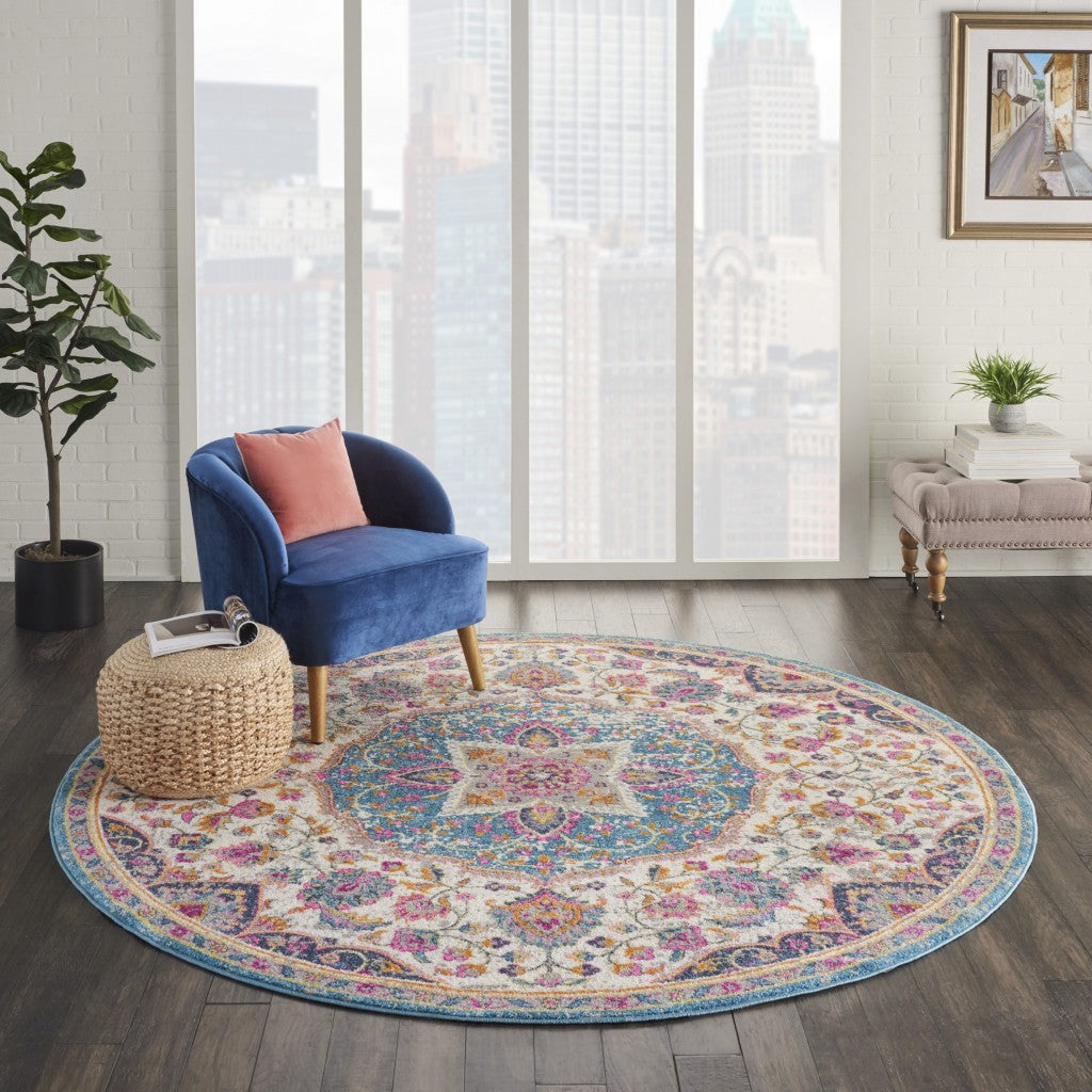 8' Pink And Green Round Dhurrie Area Rug