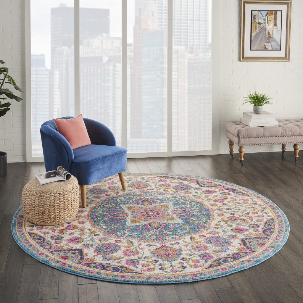 8' Pink And Green Round Dhurrie Area Rug