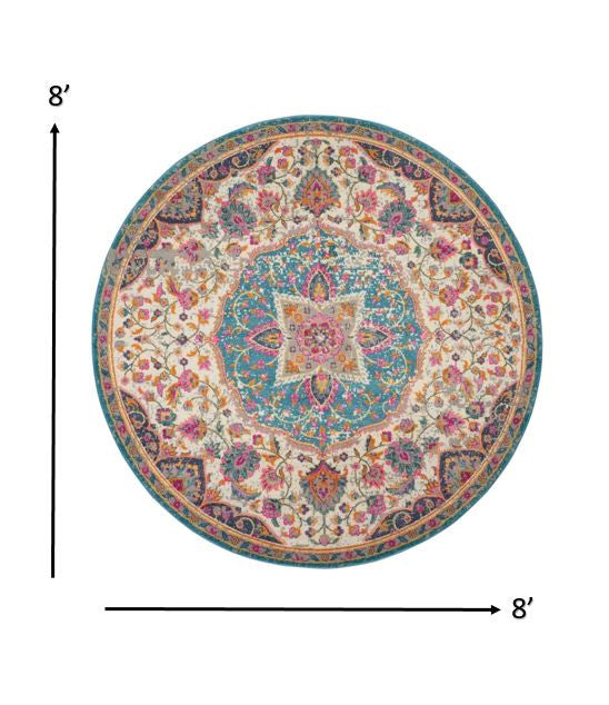 8' Pink And Green Round Dhurrie Area Rug