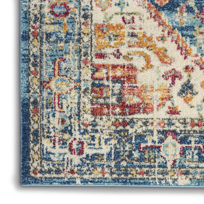 5' Ivory And Blue Oriental Distressed Round Rug