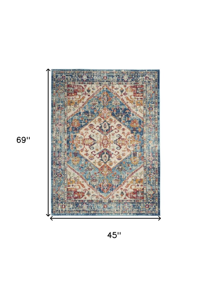 5' Ivory And Blue Oriental Distressed Round Rug