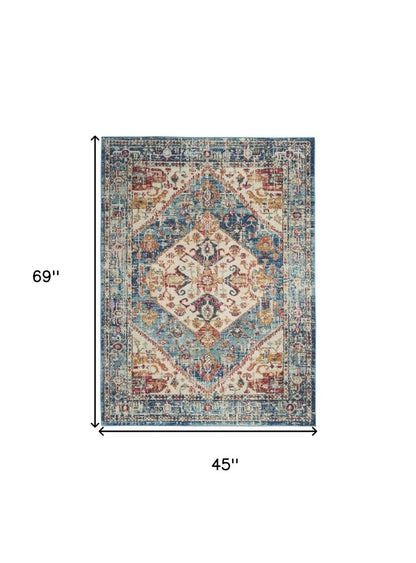 4' X 6' Ivory And Blue Oriental Distressed Area Rug