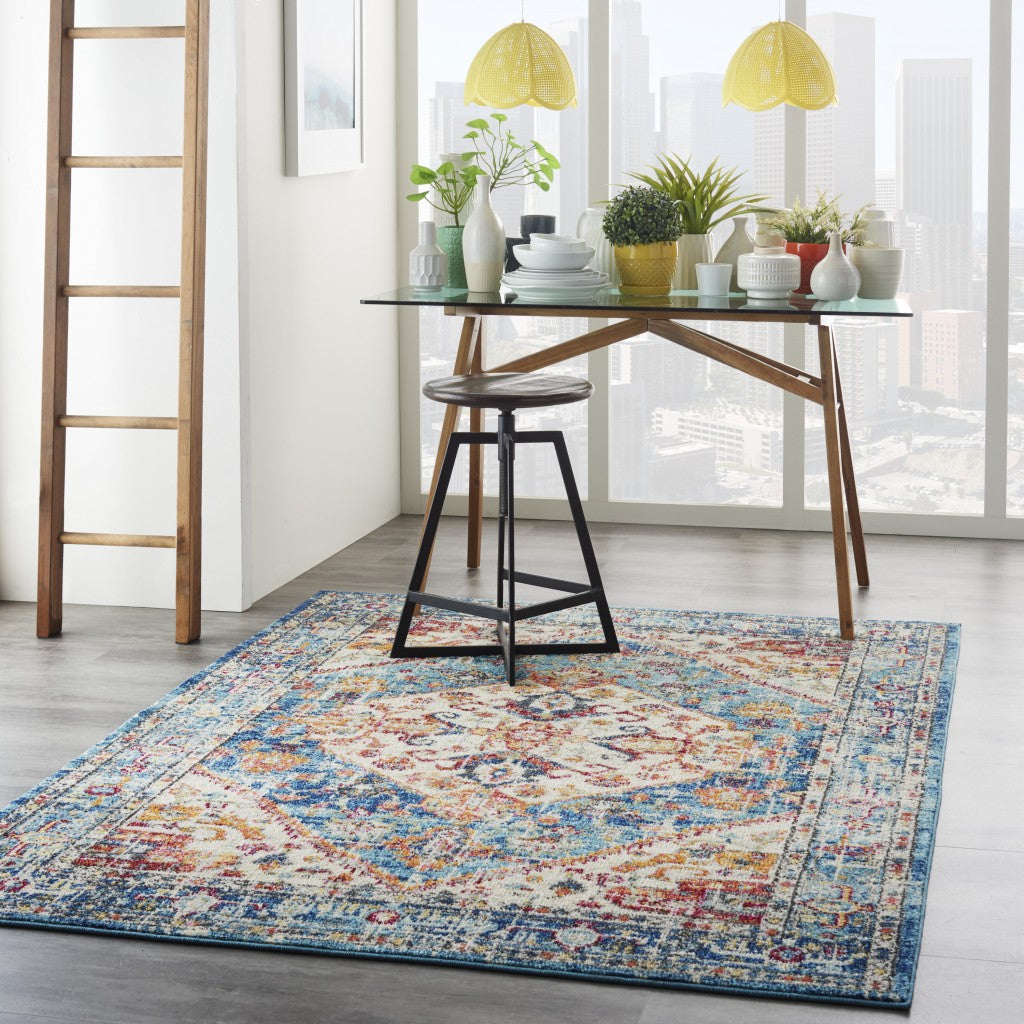 7' X 10' Blue And Ivory Power Loom Area Rug