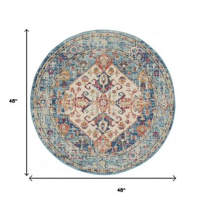 5' X 7' Ivory And Blue Oriental Distressed Area Rug