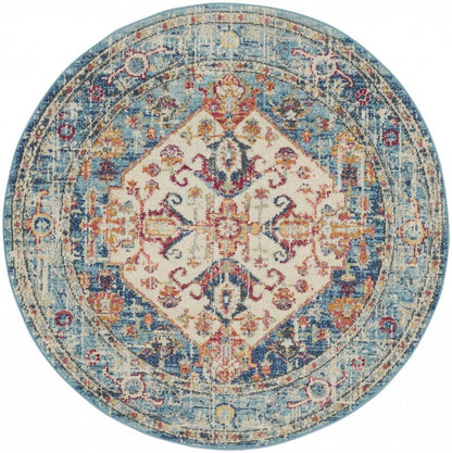 5' Ivory And Blue Oriental Distressed Round Rug