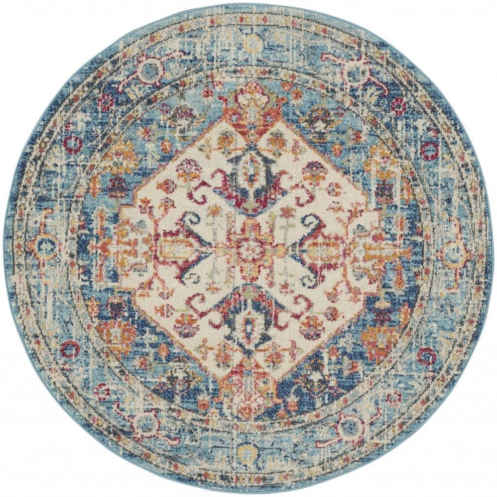 5' X 7' Ivory And Blue Oriental Distressed Area Rug