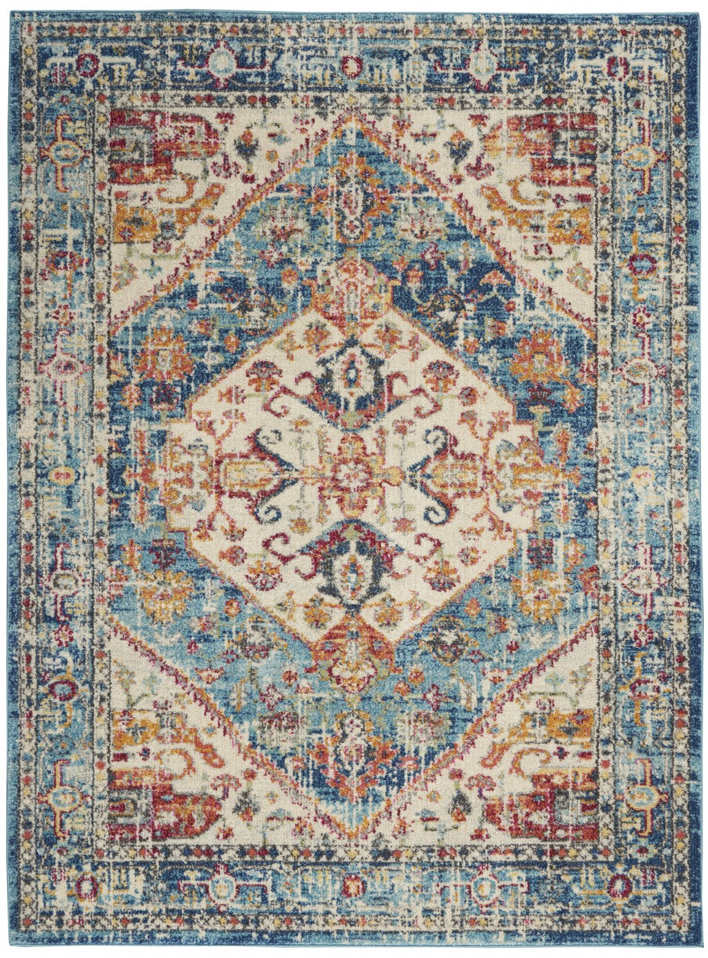 7' X 10' Blue And Ivory Power Loom Area Rug