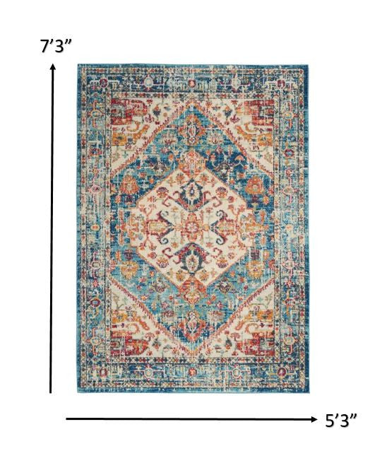 7' X 10' Blue And Ivory Power Loom Area Rug