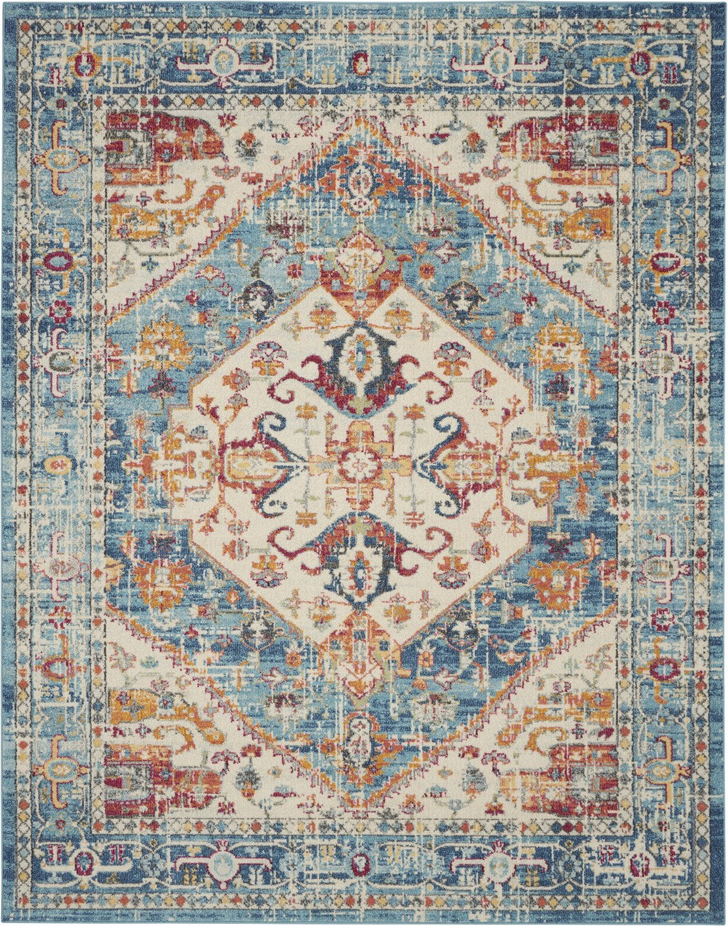 7' X 10' Blue And Ivory Power Loom Area Rug