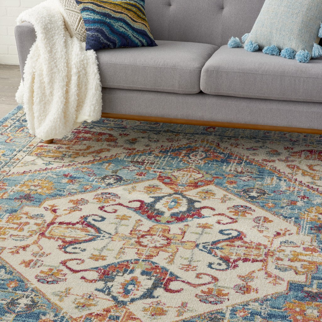 7' X 10' Blue And Ivory Power Loom Area Rug