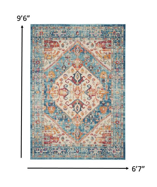 7' X 10' Blue And Ivory Power Loom Area Rug