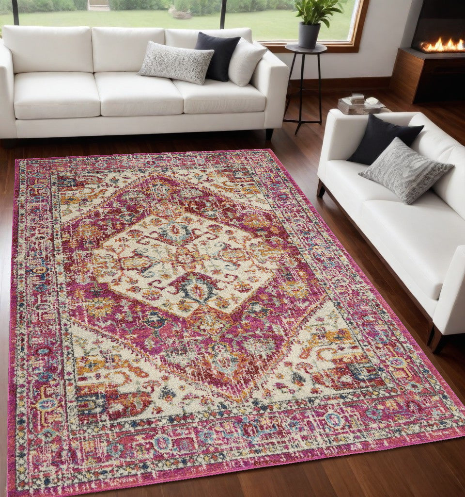 5' X 7' Pink And Ivory Power Loom Area Rug