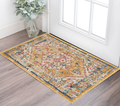 8' Yellow And Ivory Medallion Runner Rug
