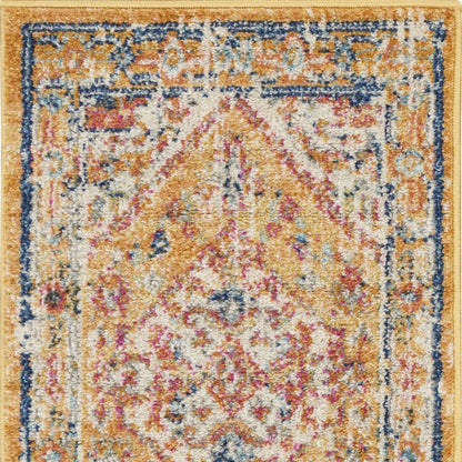 8' Yellow And Ivory Medallion Runner Rug