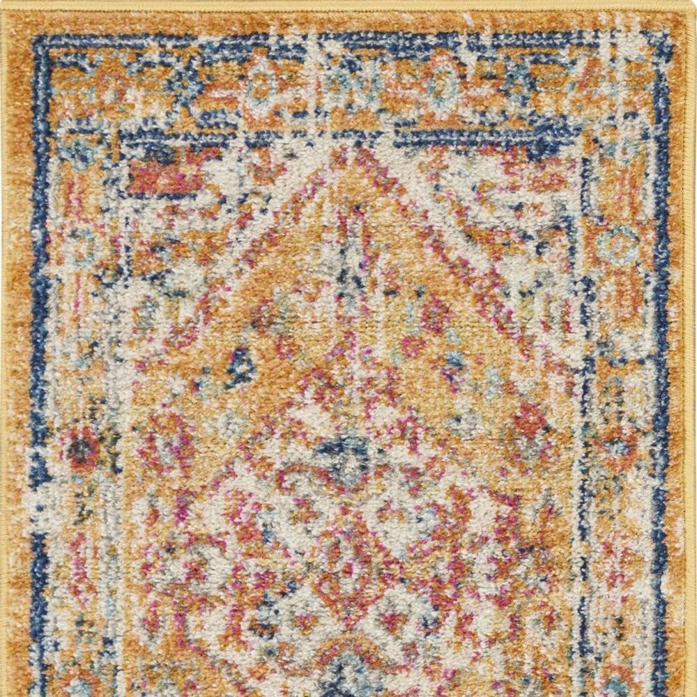 10' Yellow And Ivory Medallion Runner Rug