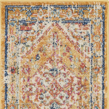 10' Yellow And Ivory Medallion Runner Rug