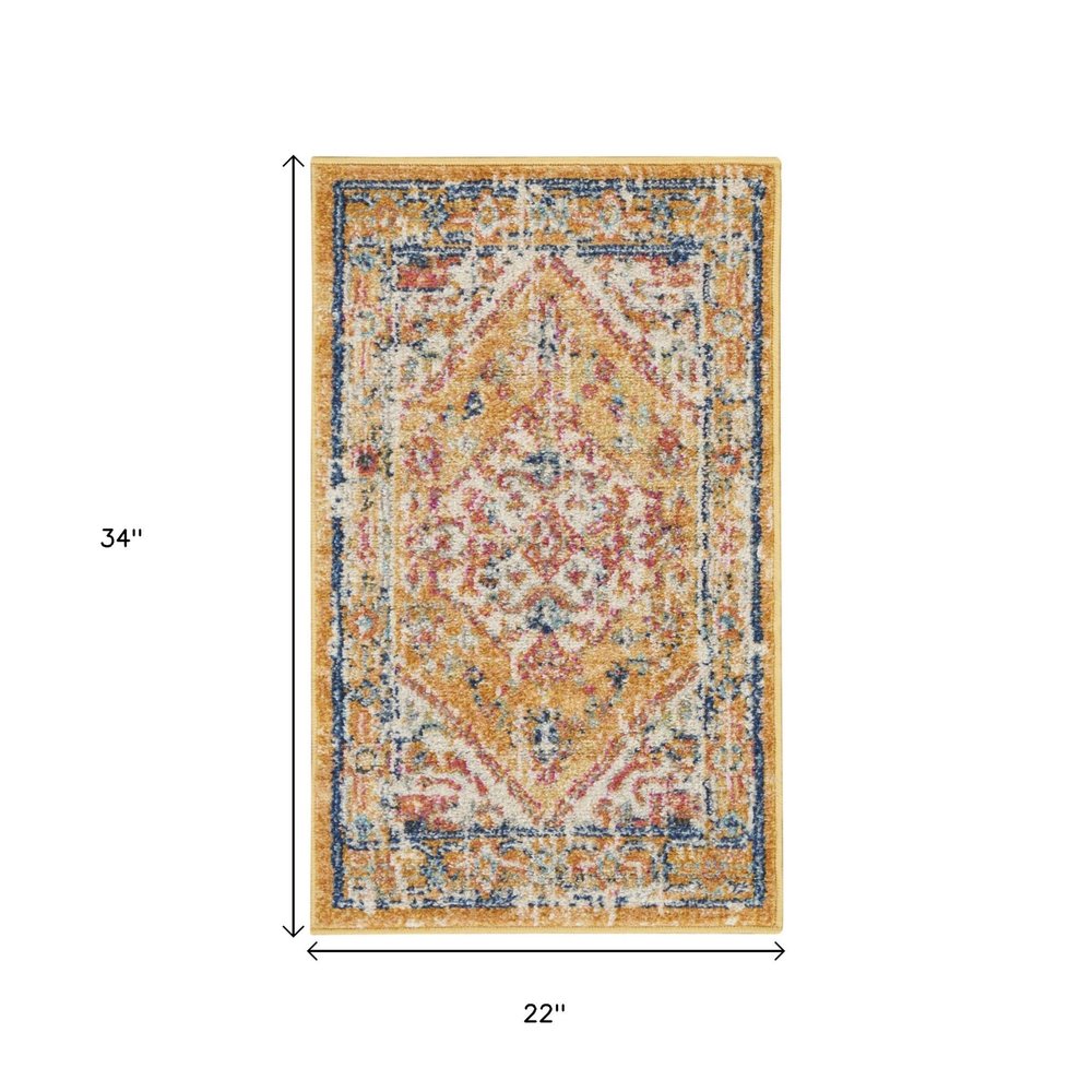 10' Yellow And Ivory Medallion Runner Rug