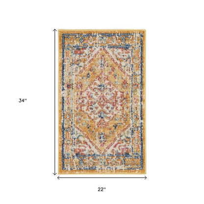 10' Yellow And Ivory Medallion Runner Rug