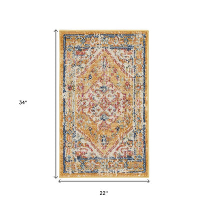 8' Yellow And Ivory Medallion Runner Rug
