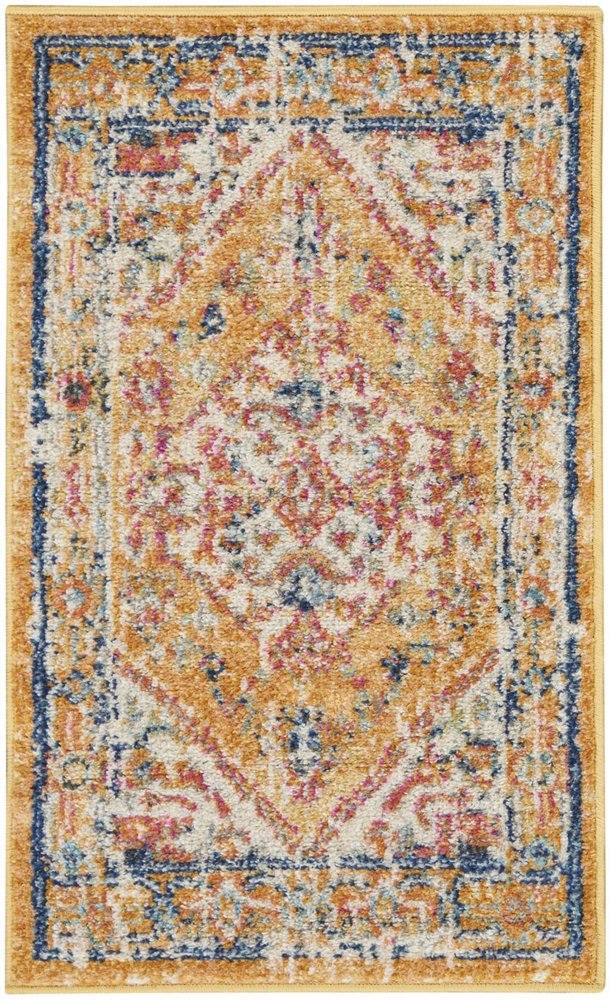 10' Yellow And Ivory Medallion Runner Rug