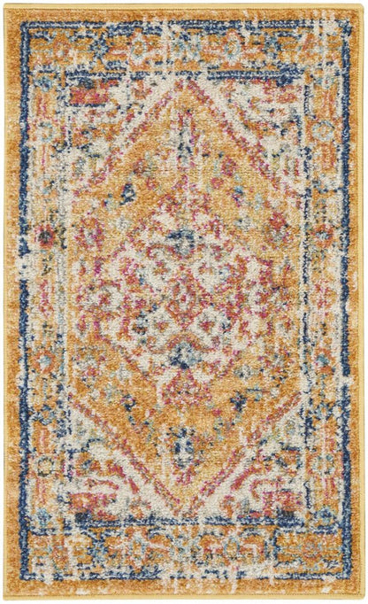 10' Yellow And Ivory Medallion Runner Rug