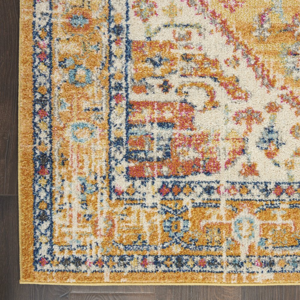 8' Yellow And Ivory Medallion Runner Rug