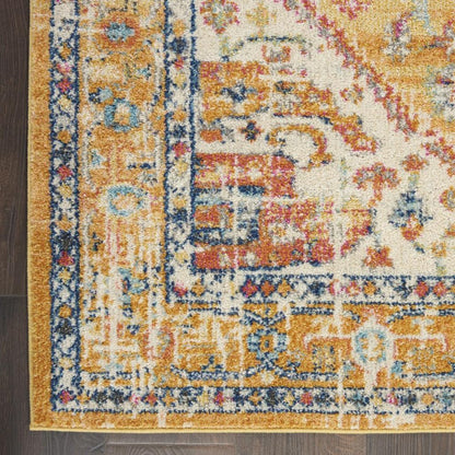10' Yellow And Ivory Medallion Runner Rug
