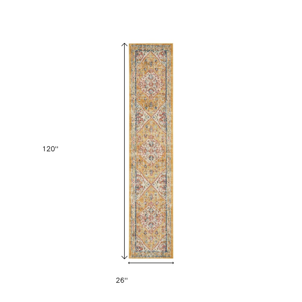 10' Yellow And Ivory Medallion Runner Rug