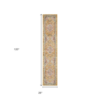 10' Yellow And Ivory Medallion Runner Rug