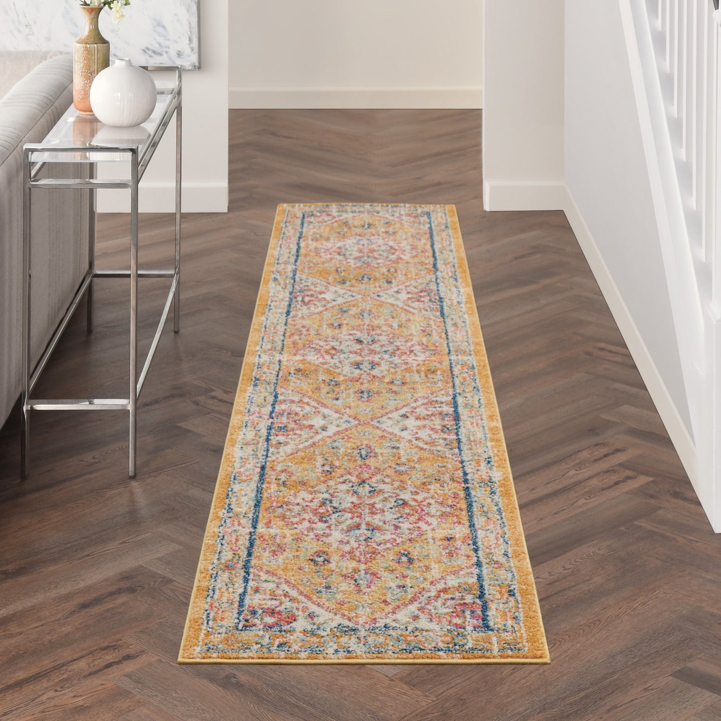 8' Yellow And Ivory Dhurrie Runner Rug