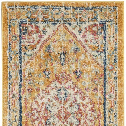10' Yellow And Ivory Medallion Runner Rug
