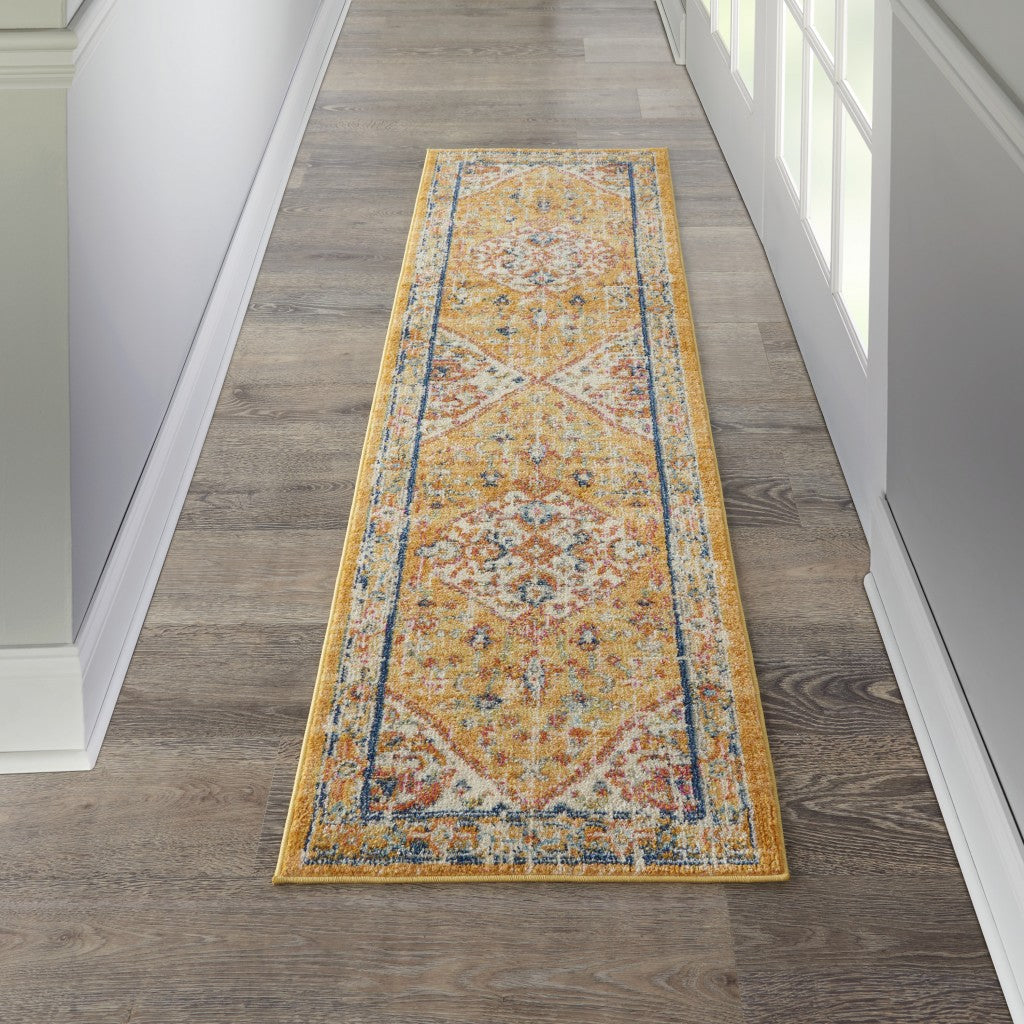 8' Yellow And Ivory Dhurrie Runner Rug